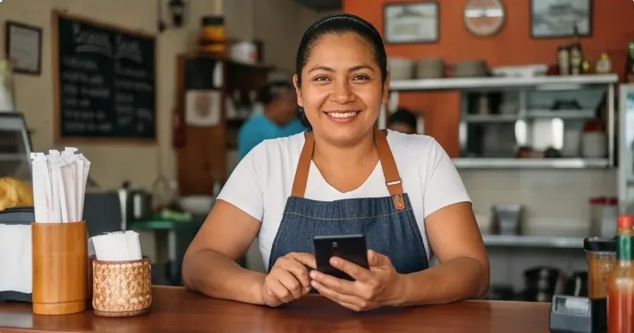Dueña de una fonda en Panamá recibiendo un pedido en su teléfono